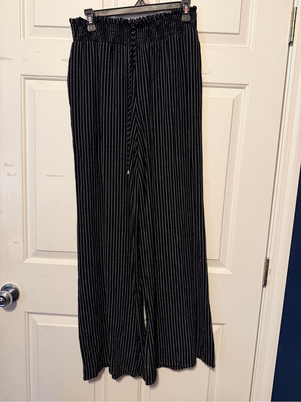 Black Pinstripe Wide-Leg Pull-On Pants